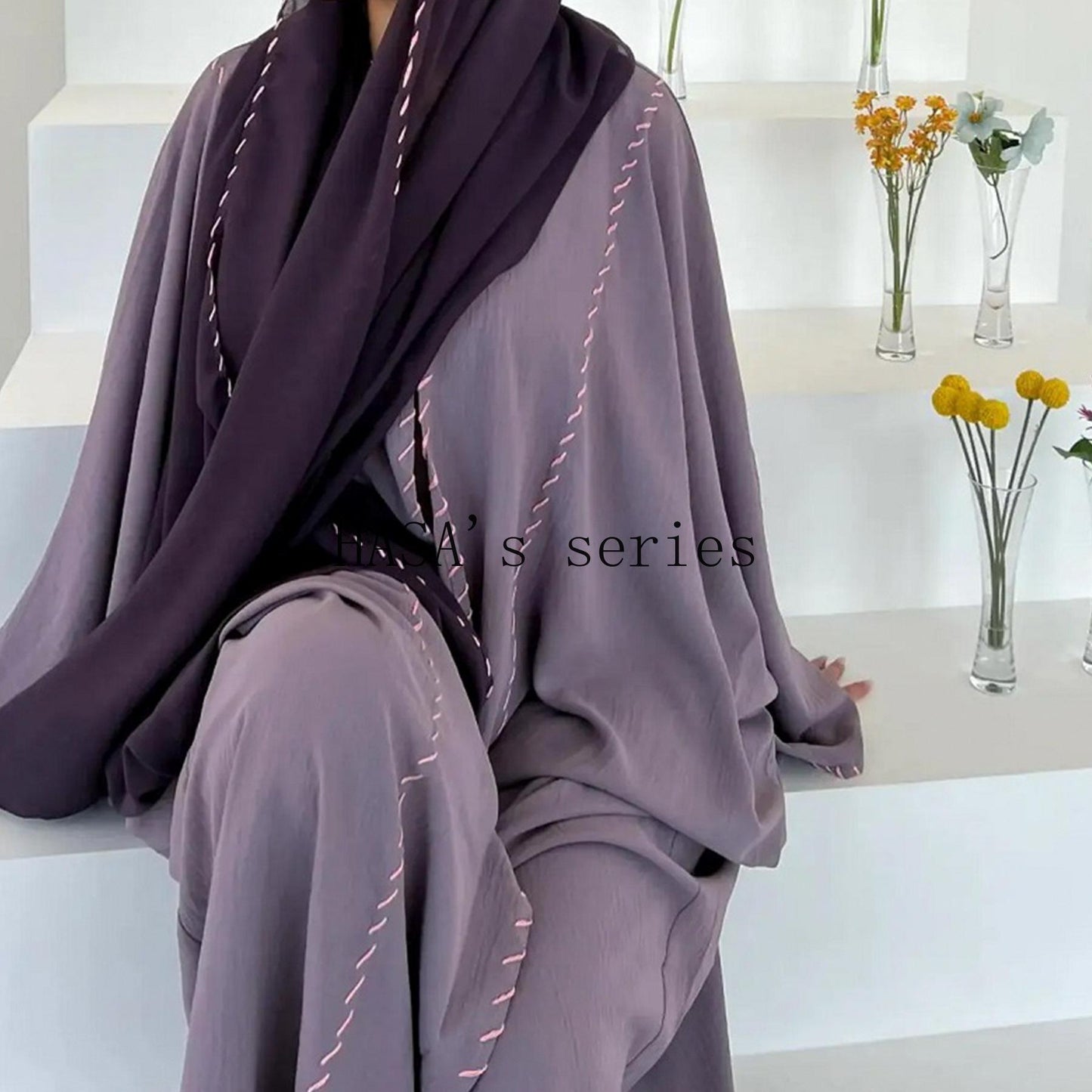 LUMAYA4843 Simple Cardigan and Headscarf Two-piece Set.