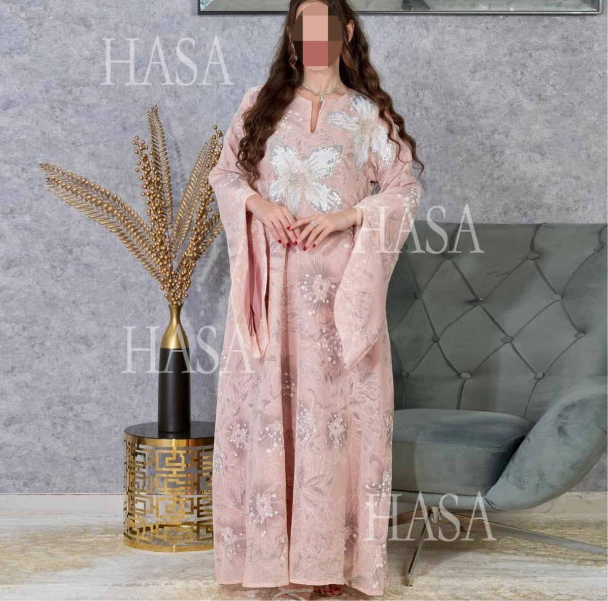 LM6639 Floral Appliqué Embroidered Long Dress