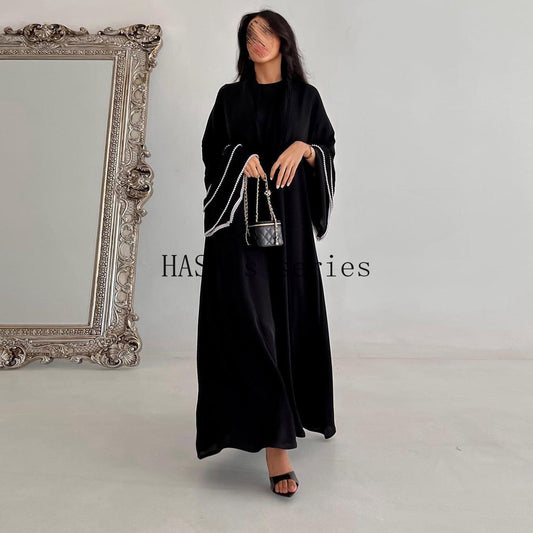 LUMAYA5093 Elegant black cardigan-style long robe with wide sleeves and a round-neck dress design featuring beaded embellishments.