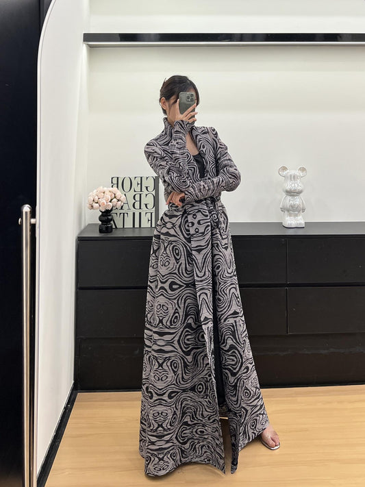 LUMAYA6723 Monochrome Swirl | Black & Grey Abstract Printed Abaya