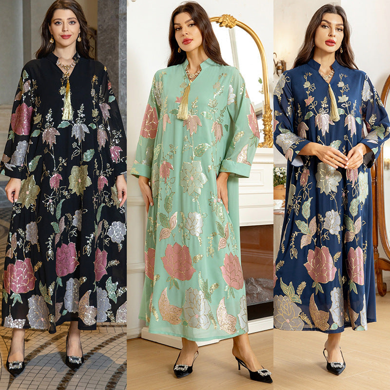 LM6649 Sequined Embroidered Tassel Long Robe, Elegant and Sophisticated Dress
