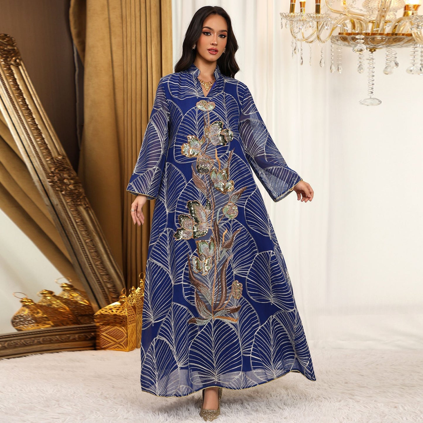 LM6657 Women's Long Robe Dress with Mesh Embroidery