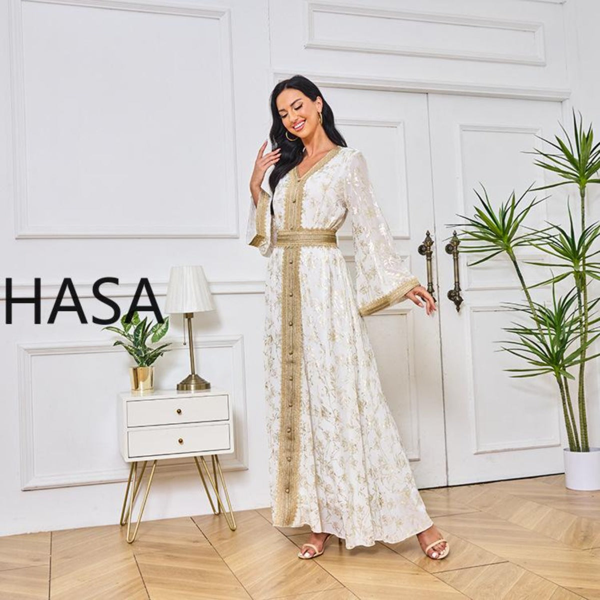 LM1249 Elegant Floral Abaya with Golden Detailing