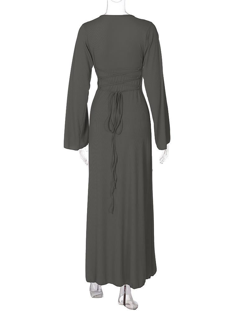 LUMAYA LUMAYA0676 Flared Long Sleeved High Waist Maxi Skirt with Lace-up Back