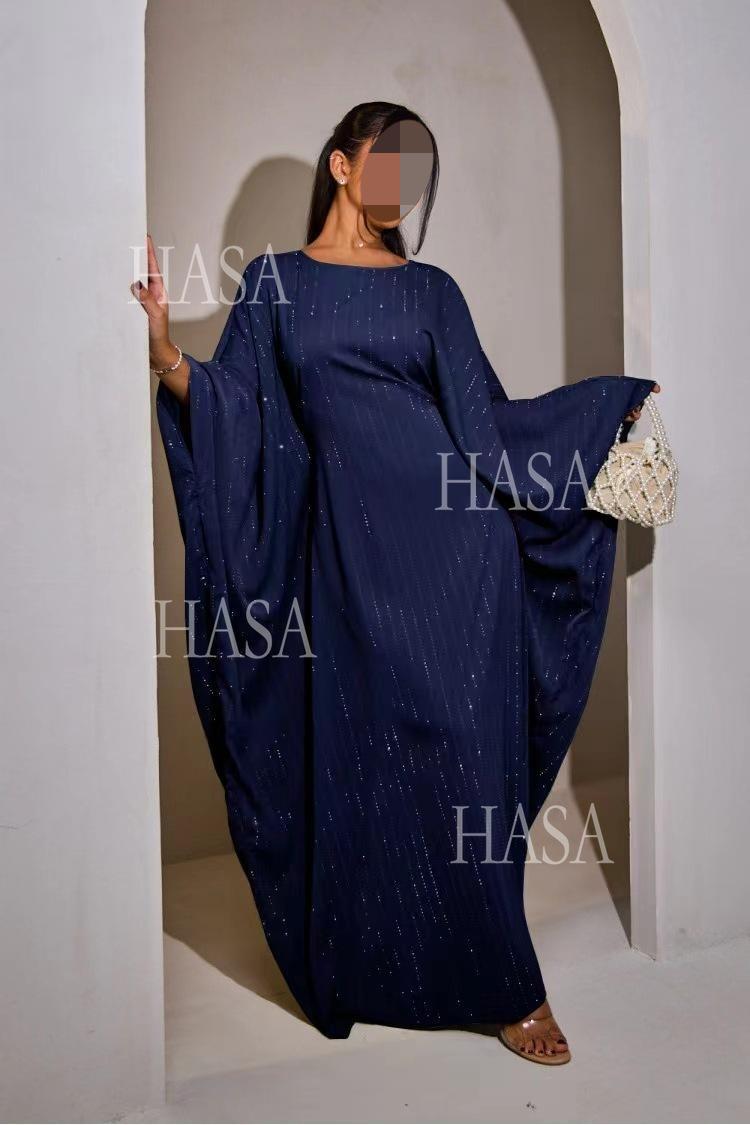 LUMAYA6483 Drape Rhinestone Gown with Simple Wide Sleeves
