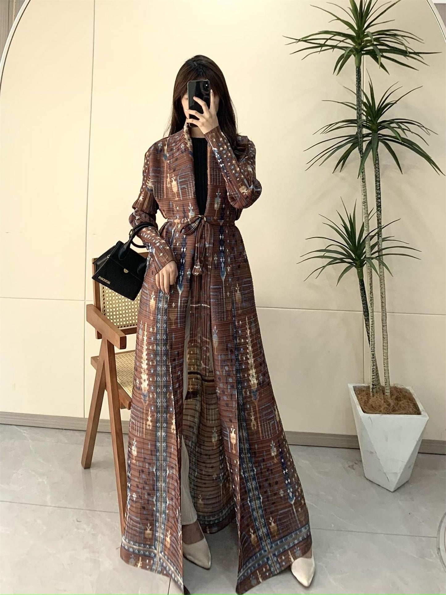 LUMAYA5848 Retro Brown Textured Open-front Long Coat