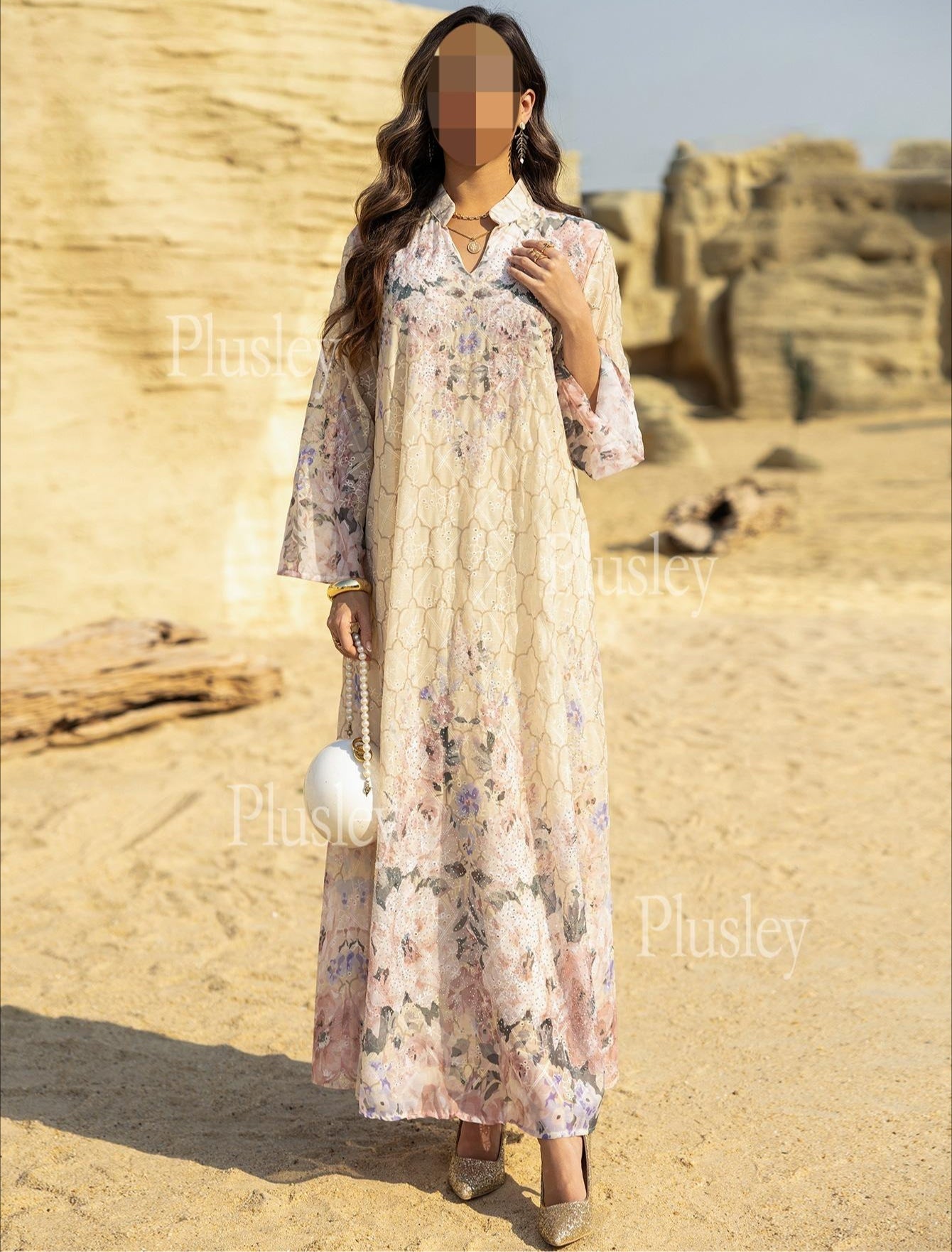 LM6636 Floral Print Embroidered Long Dress
