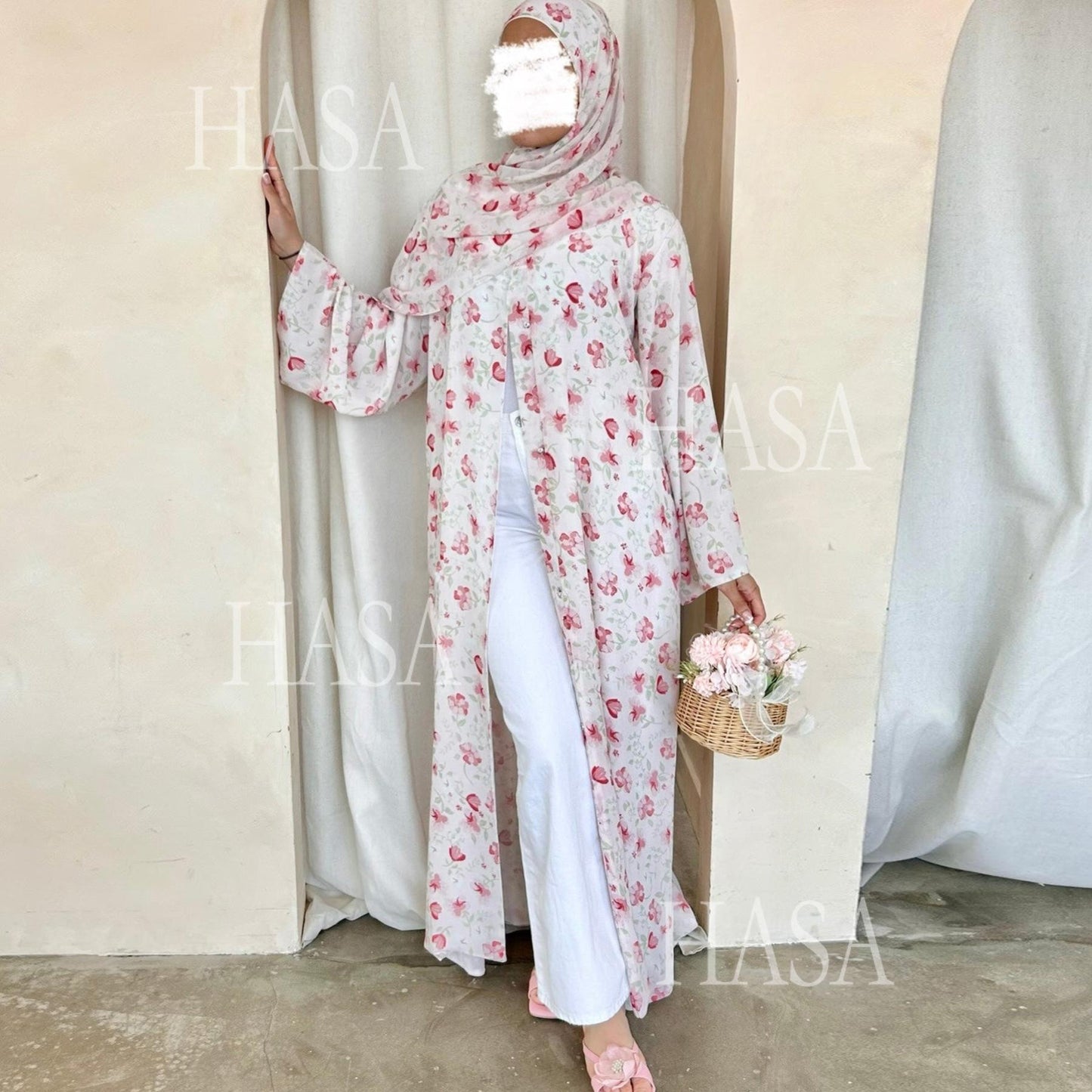 LUMAYA6515 Summer Printed Chiffon Jacket and Headscarf Two-Piece Set
