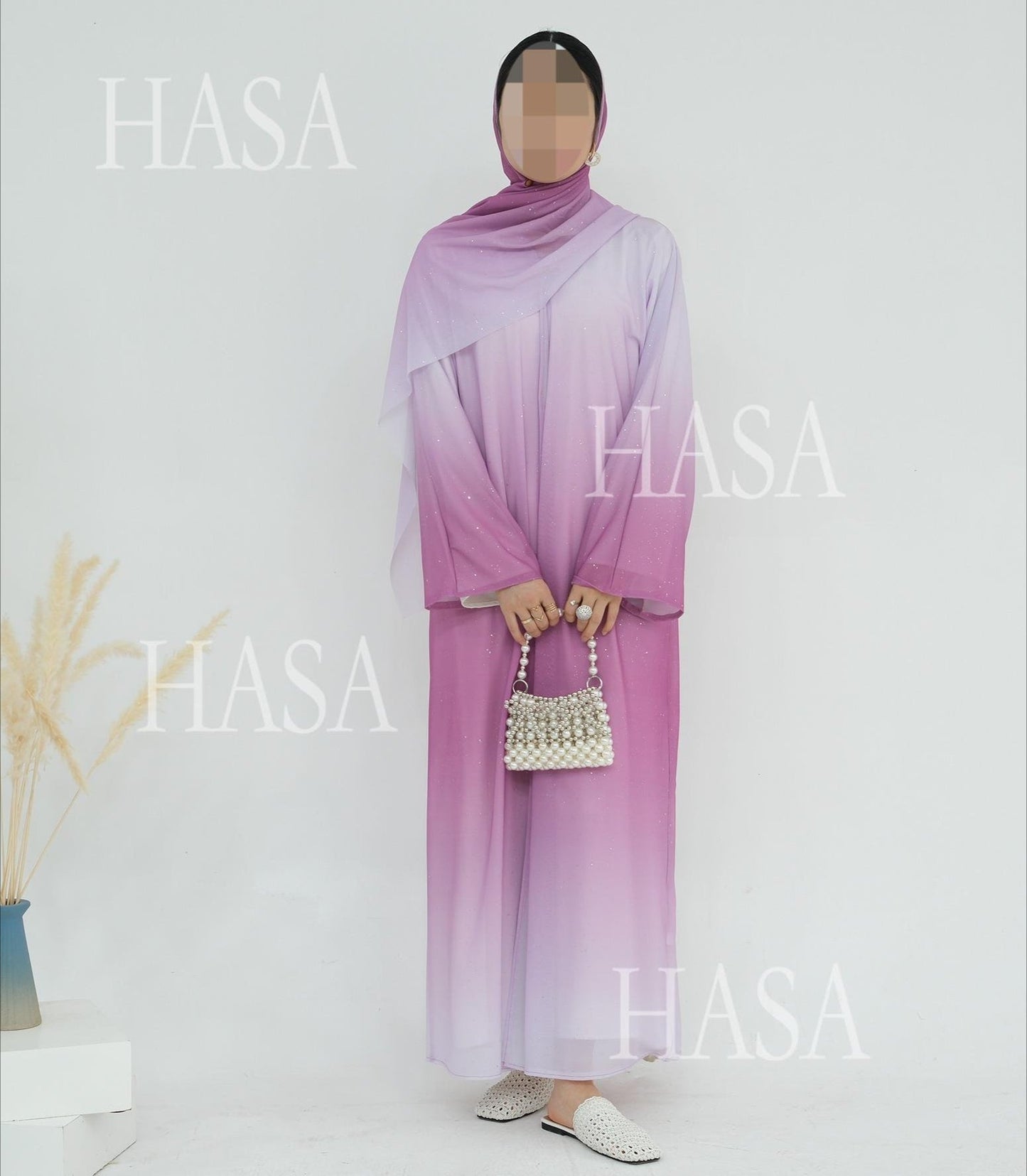 LM6617 Gradient Color Long Cardigan Two-Piece Set (Including Headscarf)