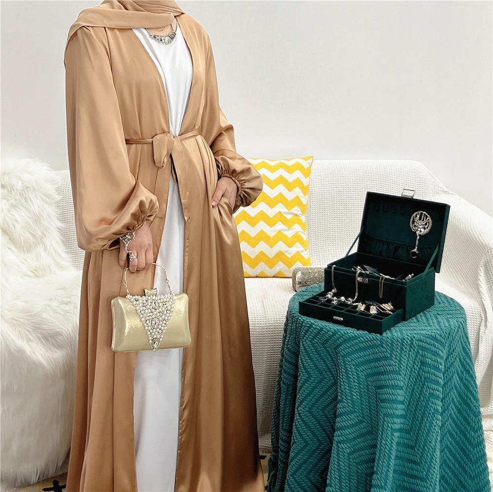 LUMAYA0481 Solid Color Satin Coat Robe Open Abaya