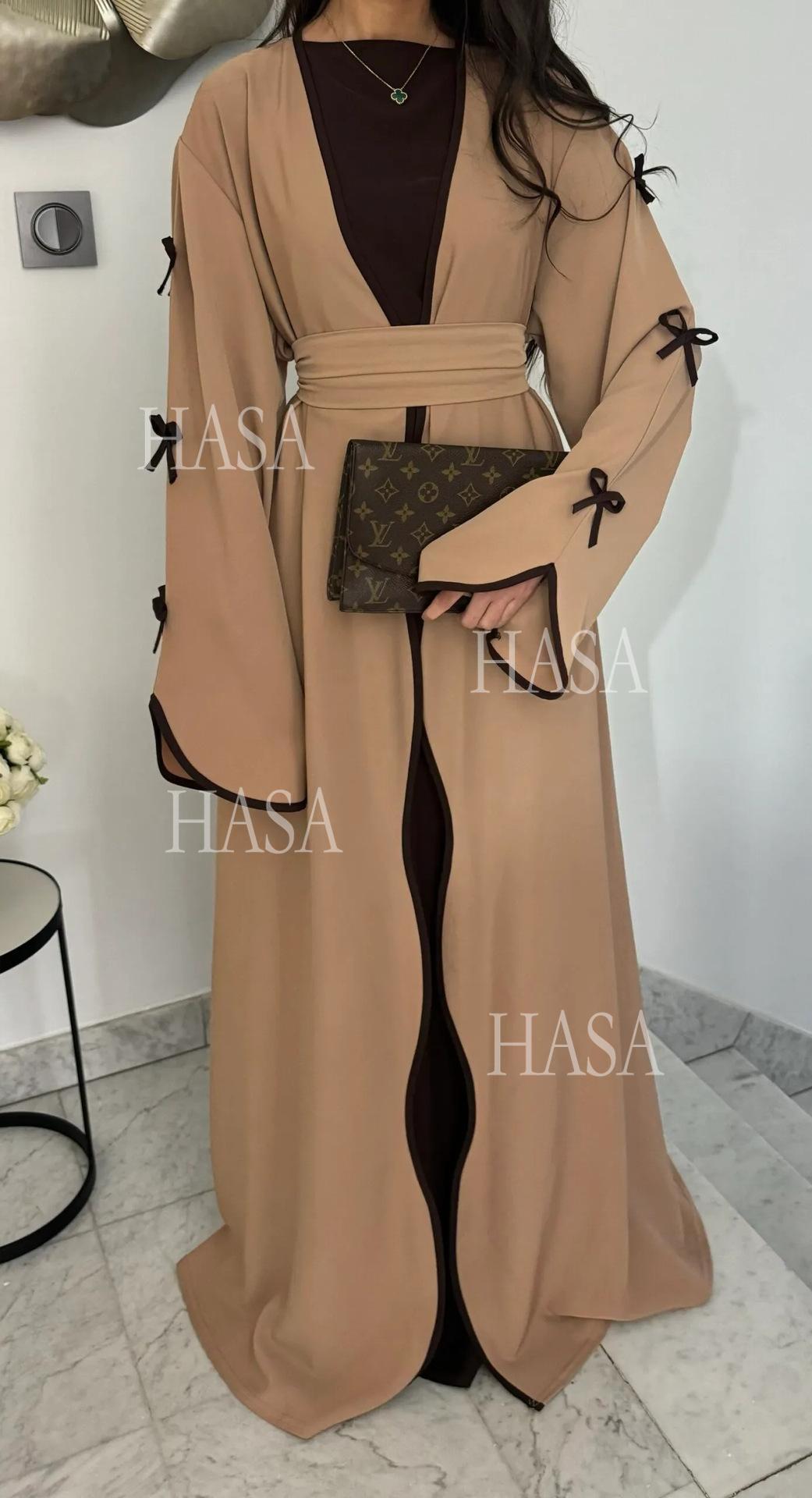 LUMAYA5883  A Two-piece Robe and Skirt Set with A Soft Bow and A Belt Design open abaya outfit