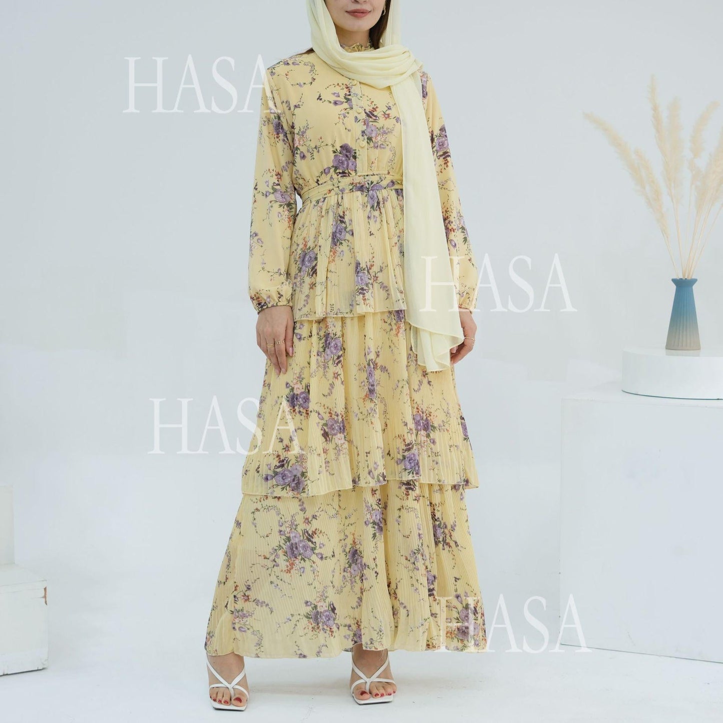 LUMAYA6500  Romantic Layered Print Long Dress