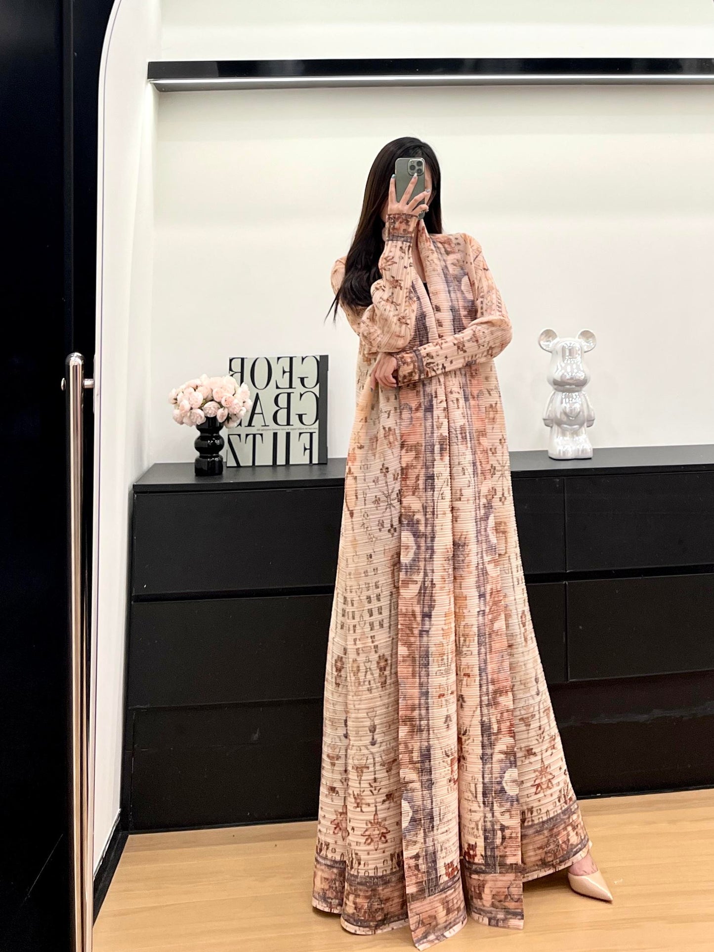LUMAYA6728 Vintage Blush  Pink & Beige Printed Abaya with Artistic Motifs
