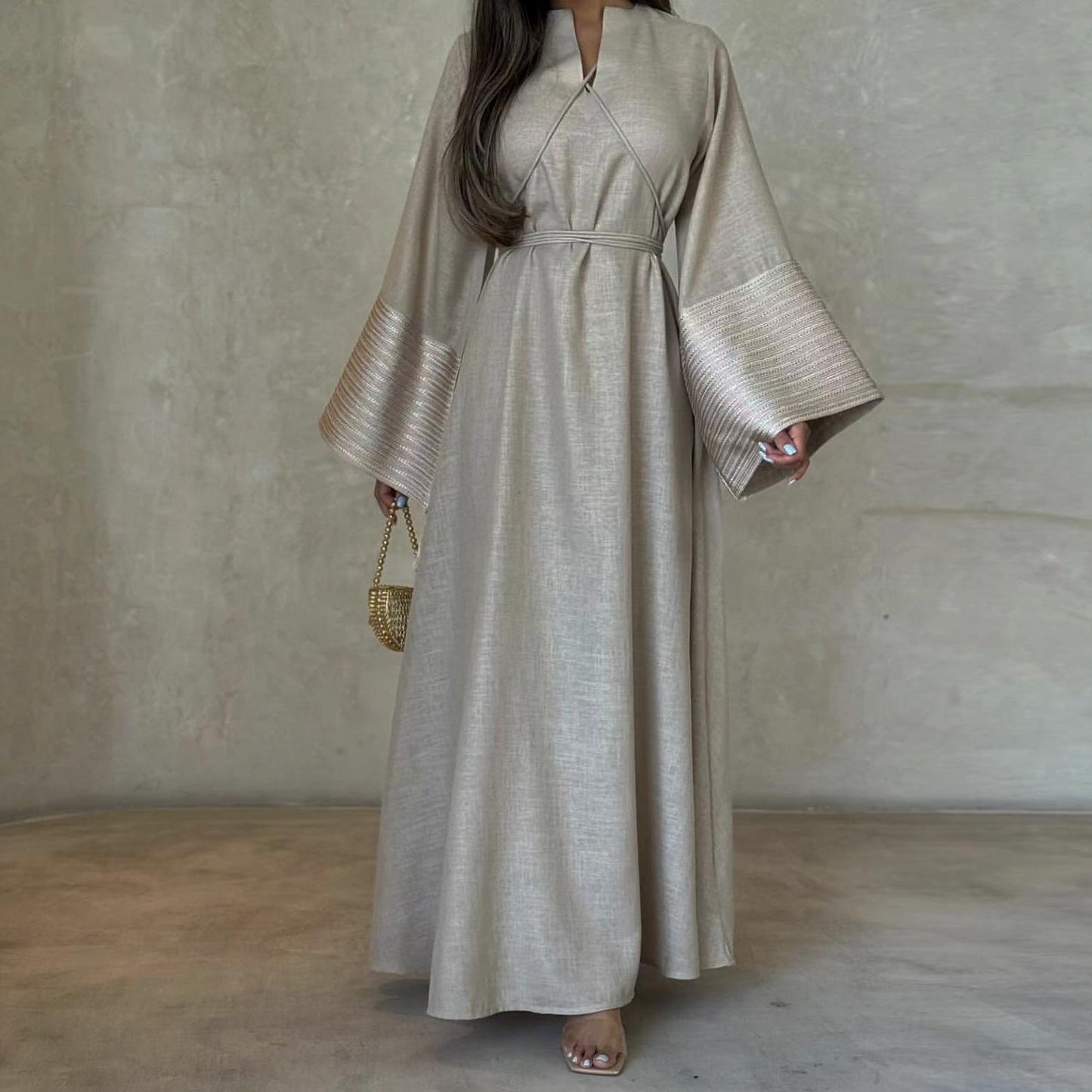 LUMAYA6490 Embroidered Panel Sleeve Long Dress