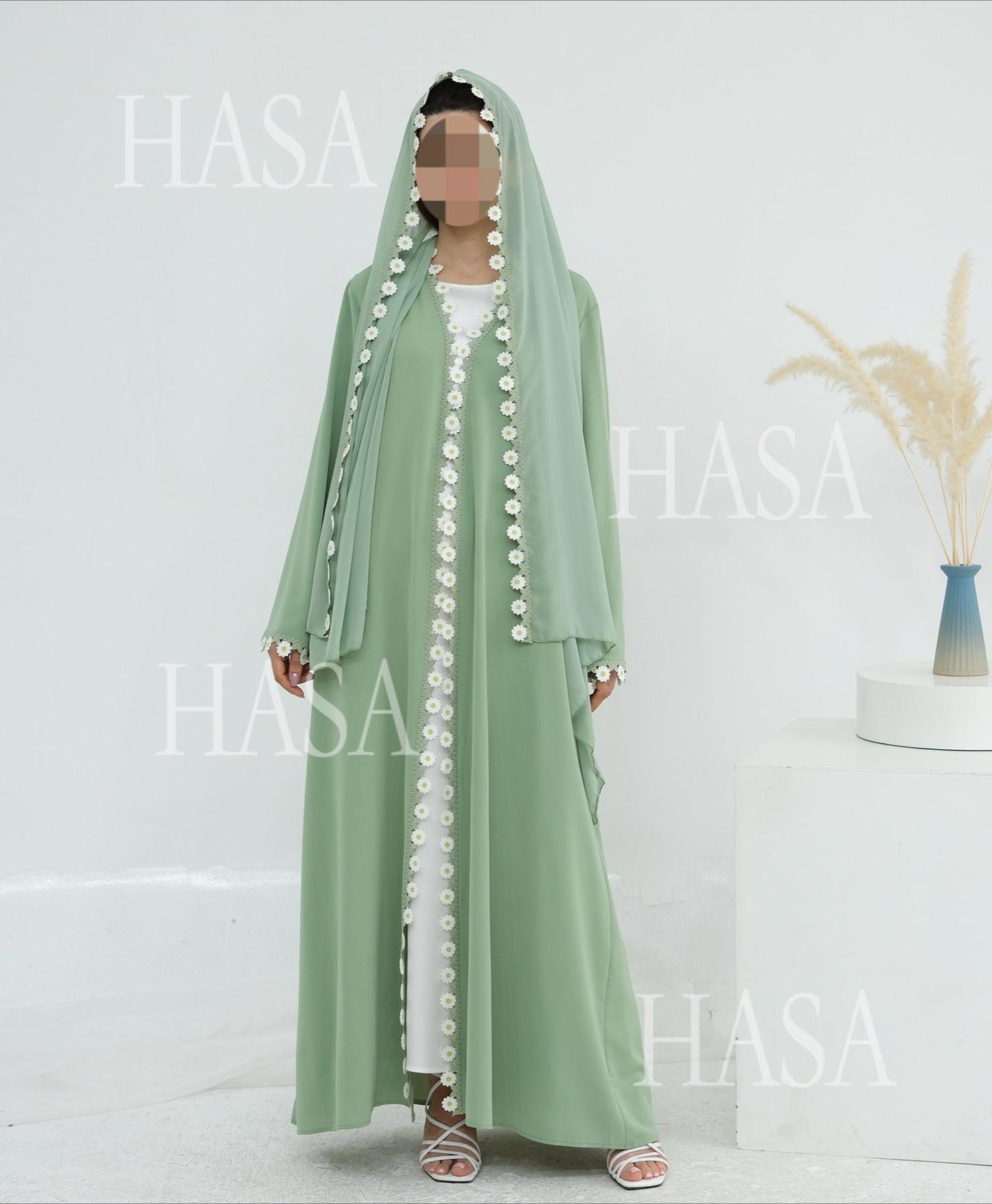 LM6616 Green Flower Stitching Cardigan Two-Piece Set (Including Headscarf)