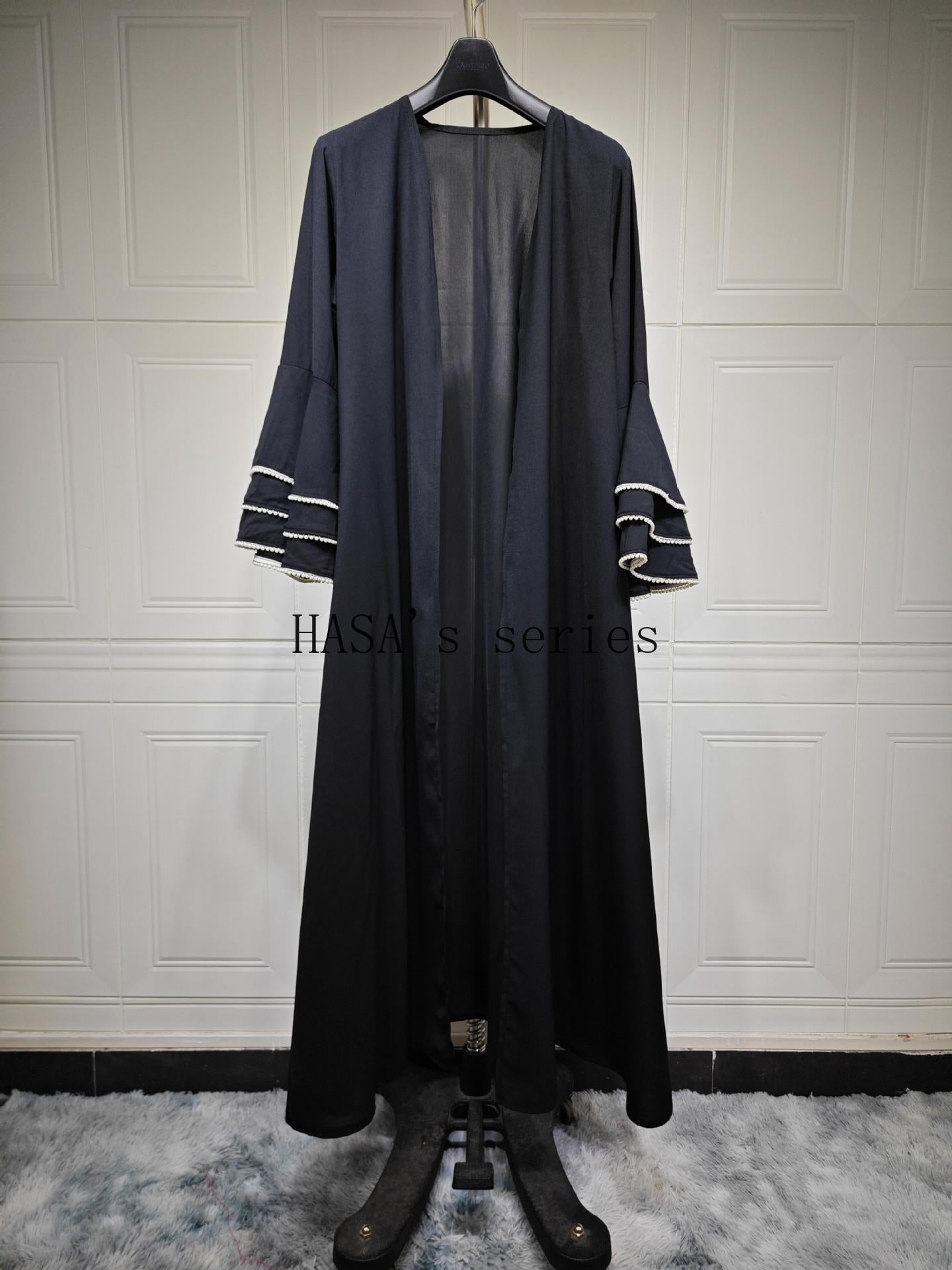 LUMAYA5093 Elegant black cardigan-style long robe with wide sleeves and a round-neck dress design featuring beaded embellishments.