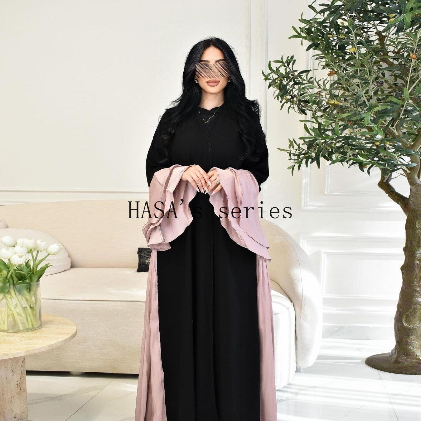 LUMAYA5106 A Soft and Elegant Long Satin Dress with Classic Design and Ruffled Sleeves.