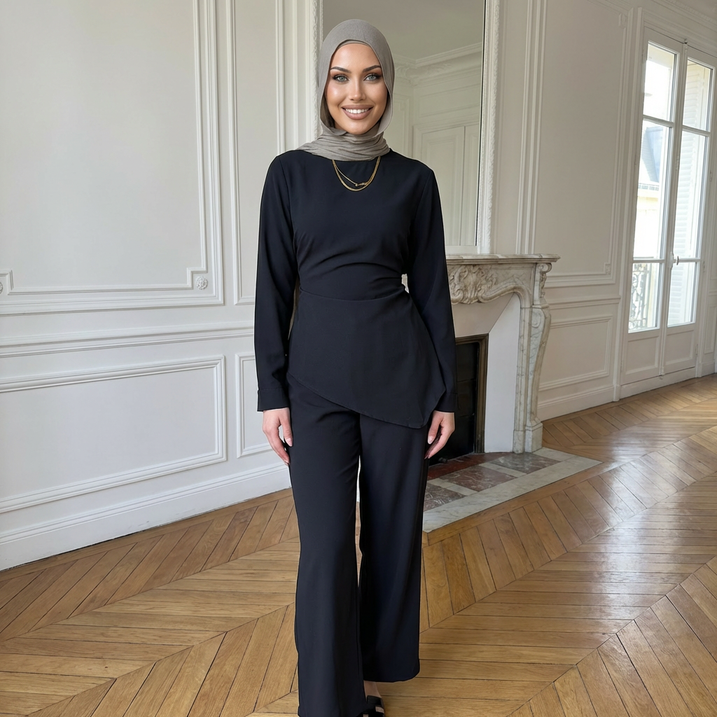 HA6614 Modest Nida Two-Piece Set with Waist Tie & Pocket Trousers