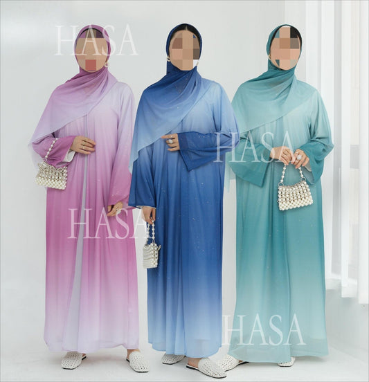 LM6617 Gradient Color Long Cardigan Two-Piece Set (Including Headscarf)