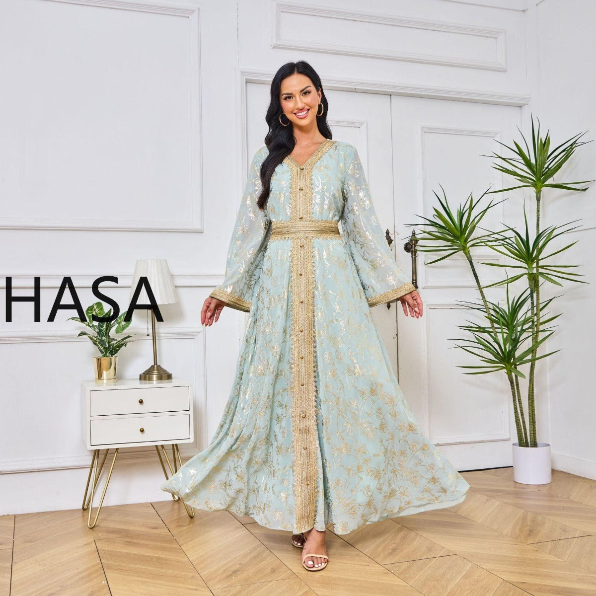LM1249 Elegant Floral Abaya with Golden Detailing