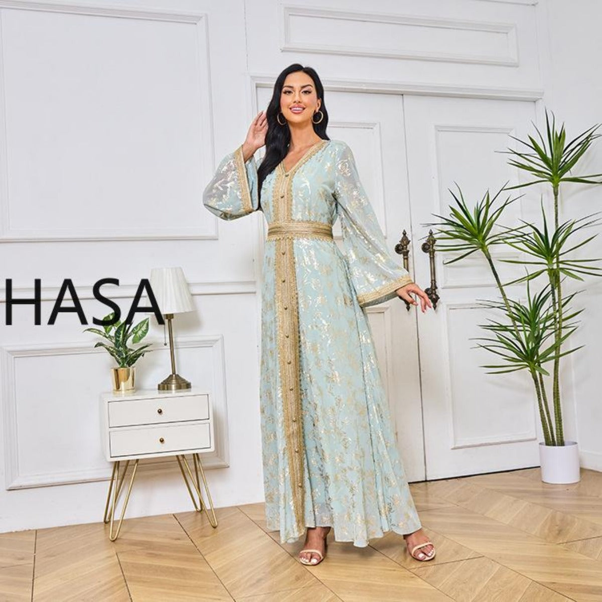 LM1249 Elegant Floral Abaya with Golden Detailing