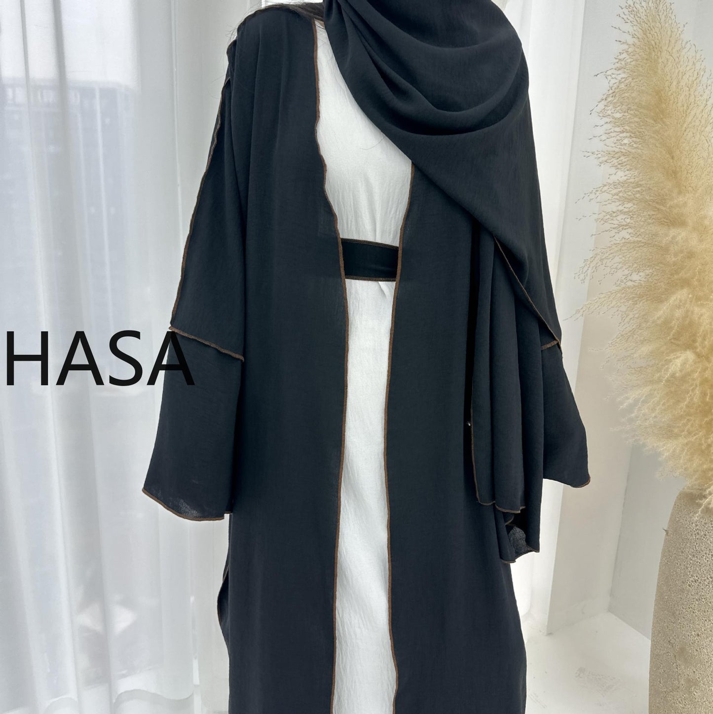LMSA LM1246H 2 PCS SET Crepe Solid Color Loose Hem Cardigan Robe with Hijab