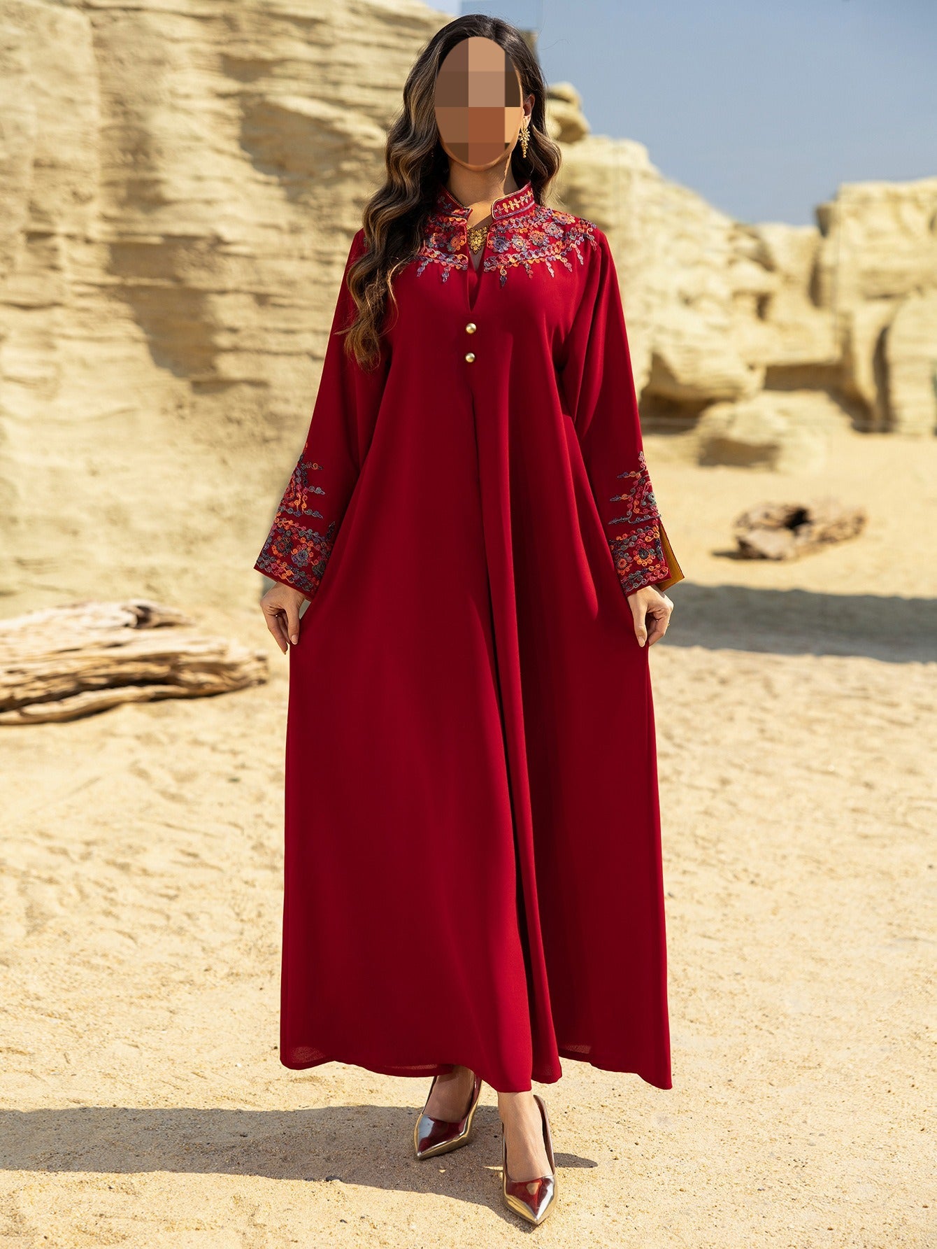LM6655 Embroidered loose-fitting long dress | Soft drape and delicate cuff design