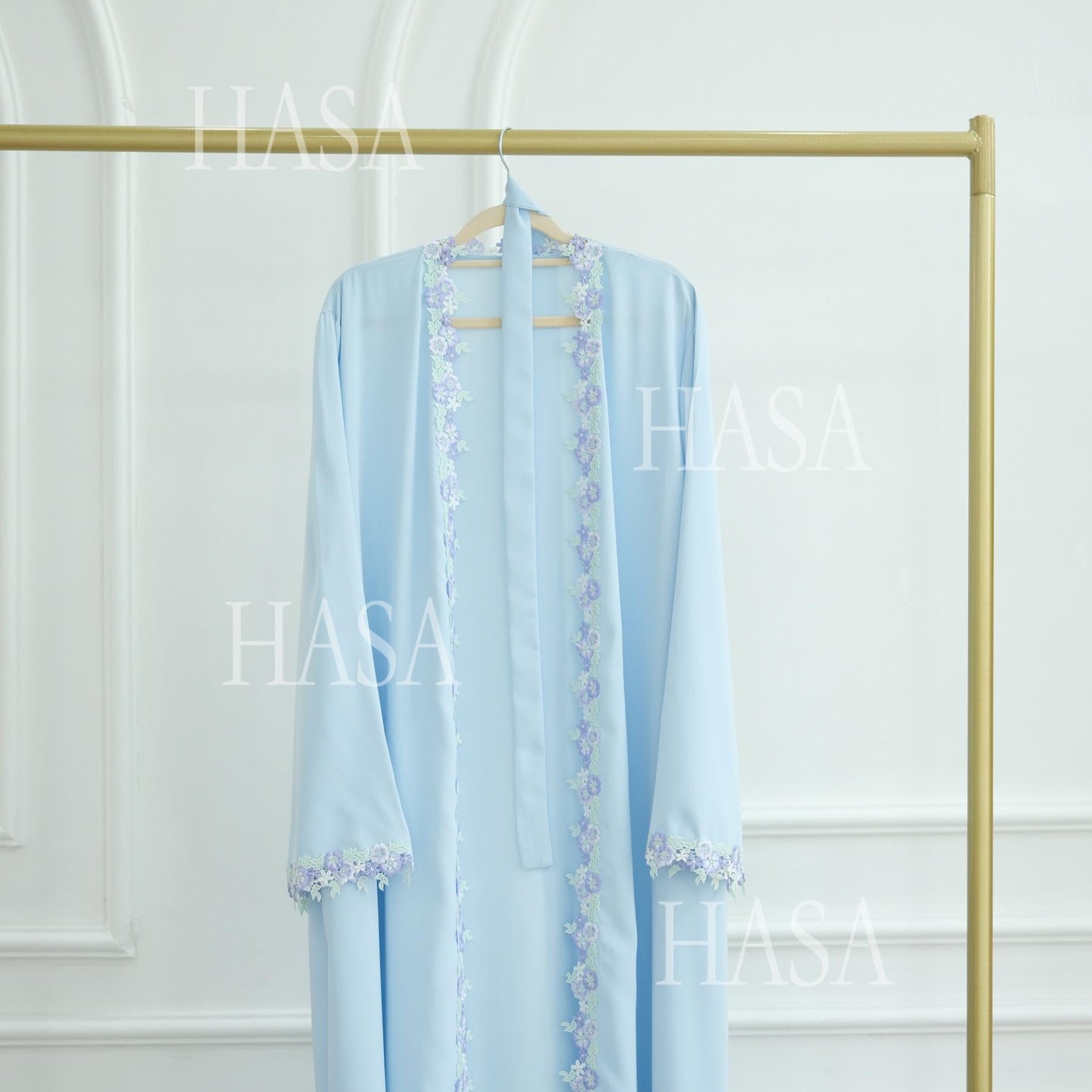 HA6562 Blue Bow Embroidered Abaya Tunic Cardigan