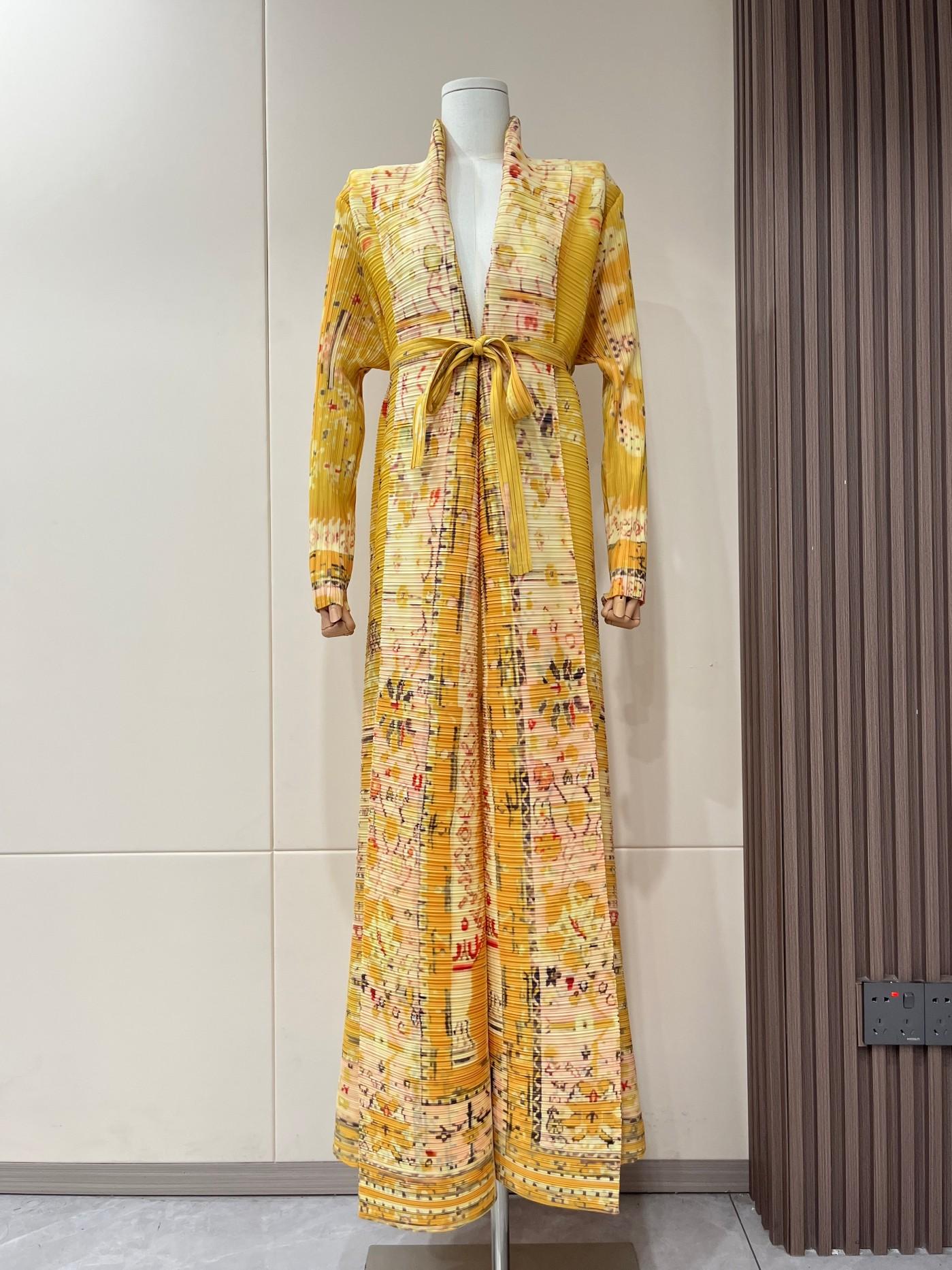 LUMAYA5843 Retro Warm Yellow Floral Textured Open-front Long Coat