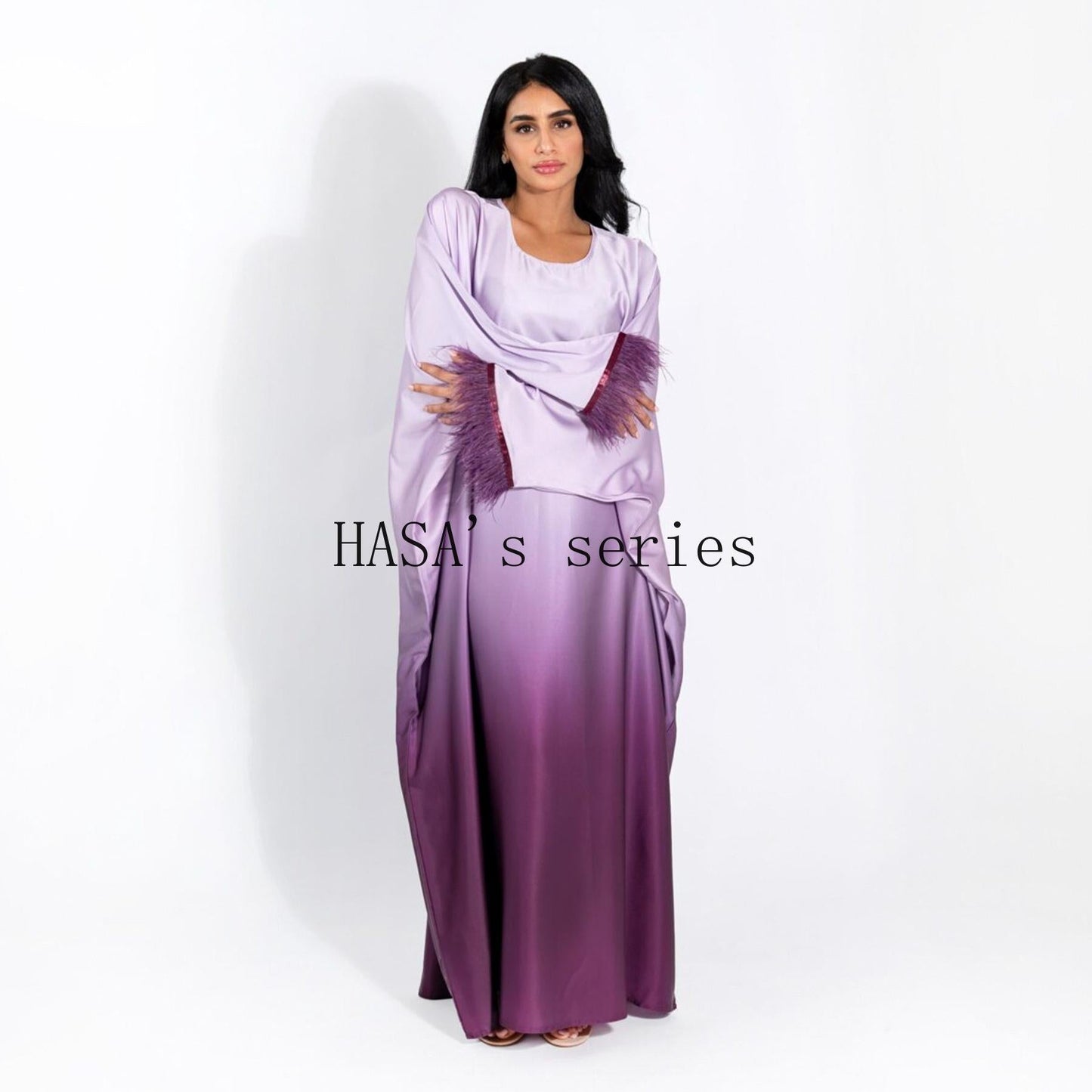 LUMAYA5111 Gradient-colored Fringed Long Dress, Romantic Dress with Batwing Sleeves.