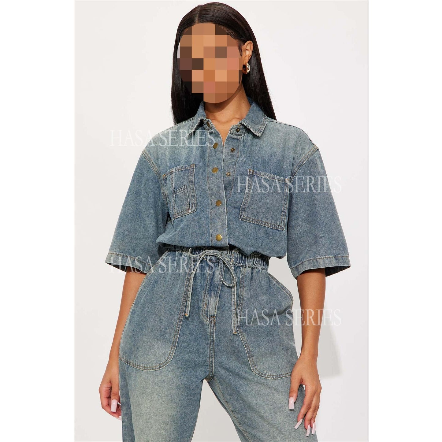 HASASERIES HS6686 Washed Denim Slim-fit Flared Jumpsuit