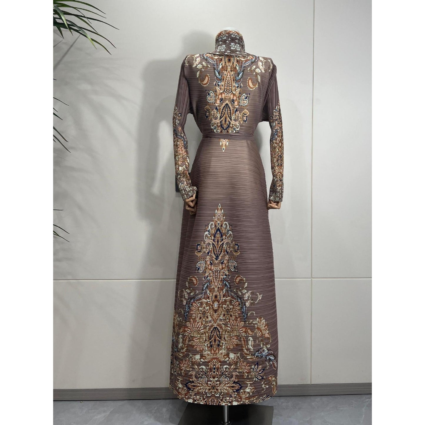 LUMAYA6715 Timeless Taupe  Elevated Abaya with Luxurious Patterned Details