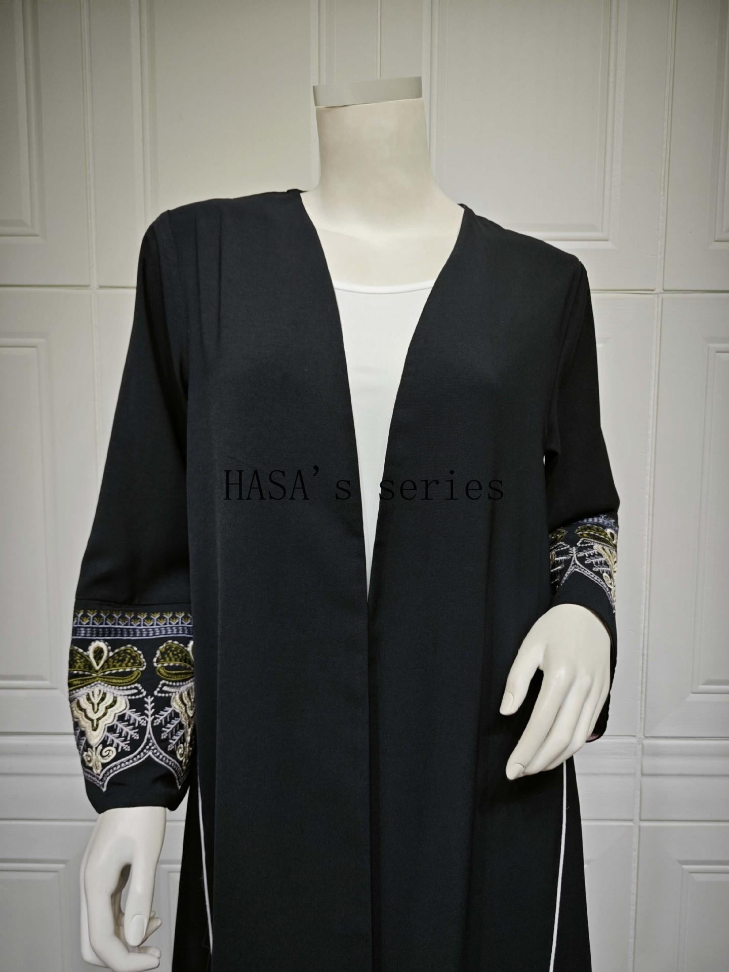 LUMAYA5090 Classic black embroidered patchwork robe, designed as a loose, open-front dress.