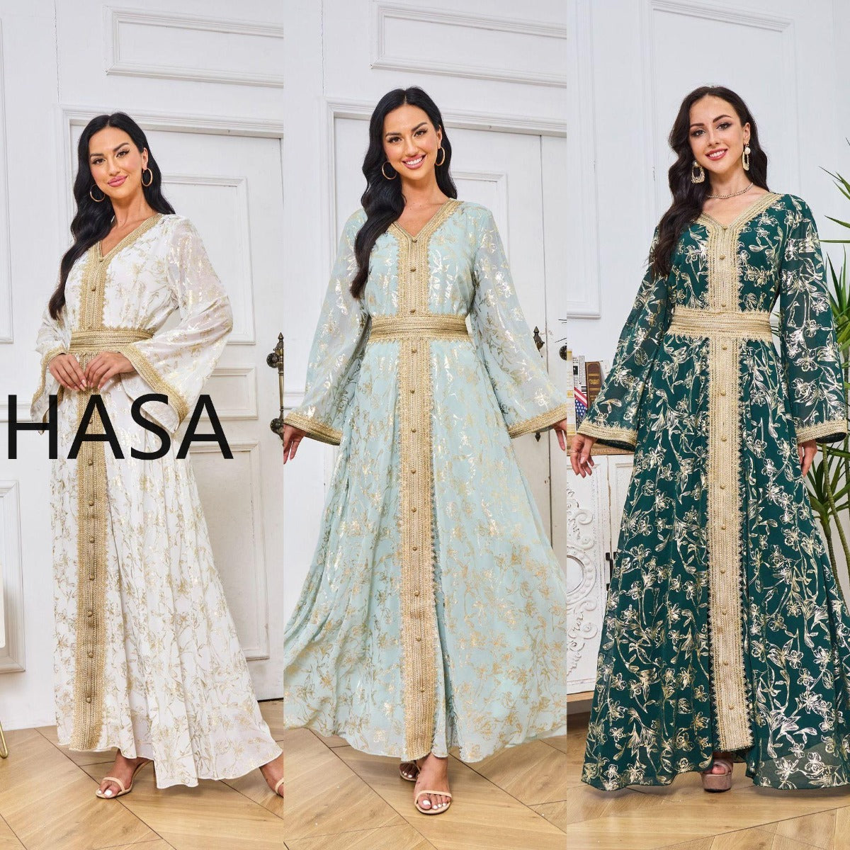 LM1249 Elegant Floral Abaya with Golden Detailing