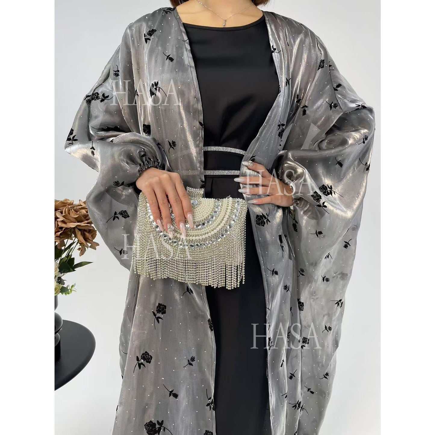 LUMAYA6536 Elegant Rose Pattern Abaya Outer Dress Set