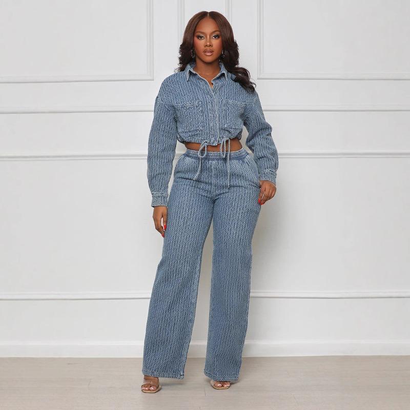 LM6303 Fashion, Long Sleeve Pants, Denim Women's Two-piece Set