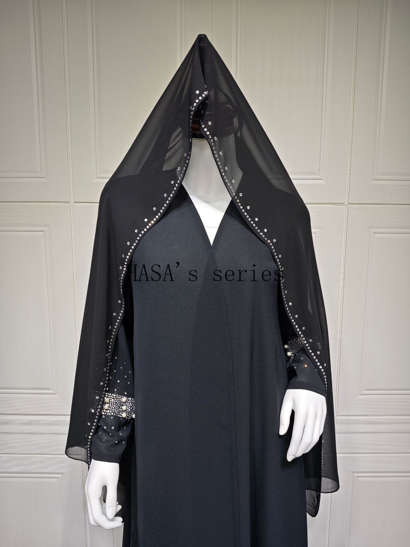 LUMAYA5097 Elegant Black Rhinestone-embellished Gown, Two-piece Beaded Set with Headscarf.