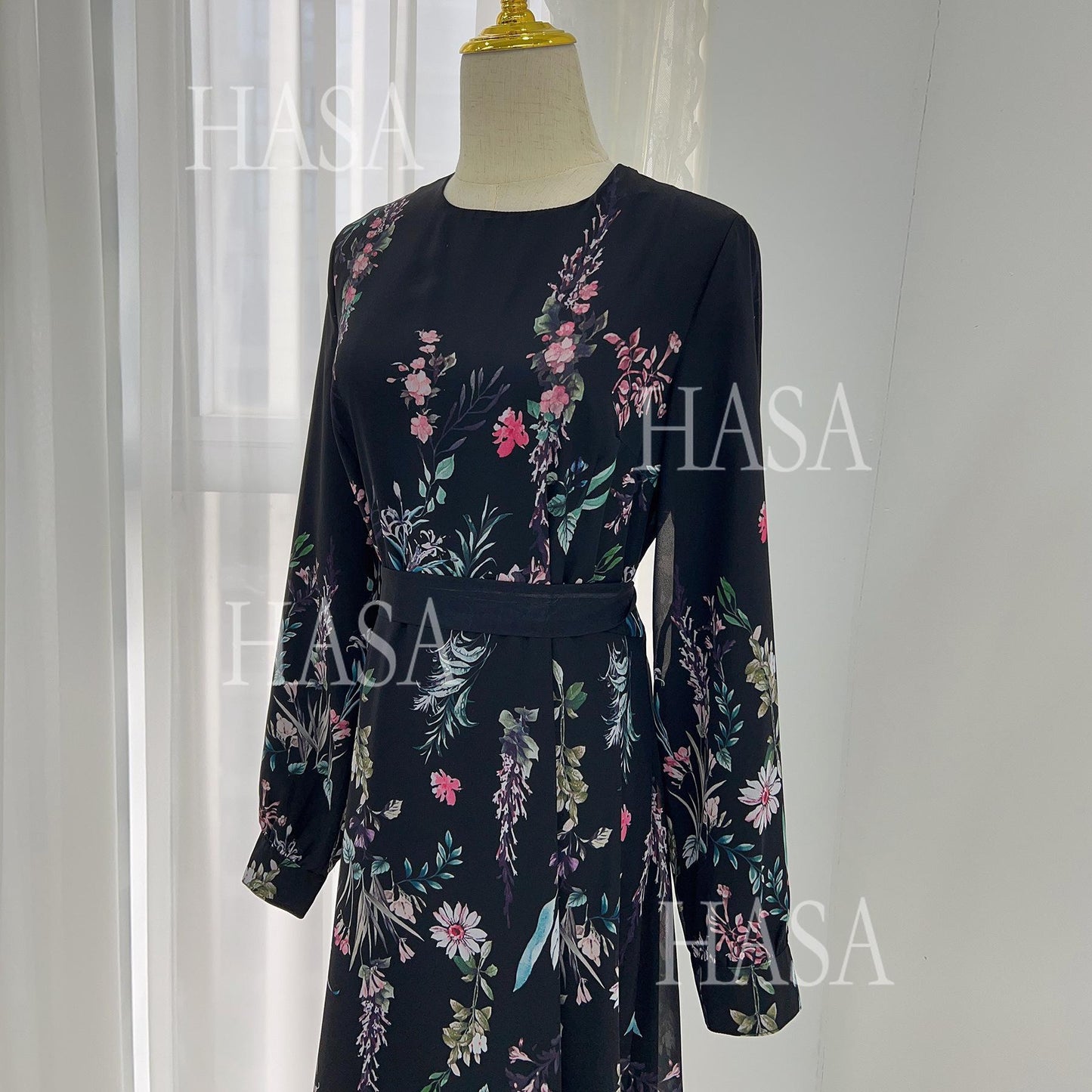 LUMAYA6531 Chiffon Printed Ankle-Length Maxi Dress with Long Sleeves