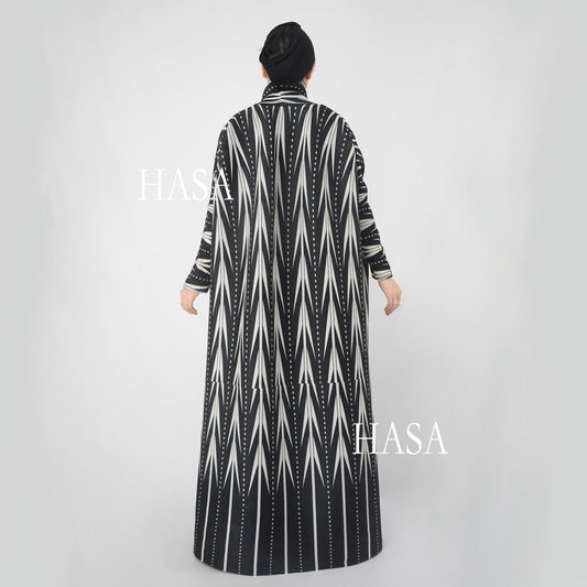 HS6161 Black and White Tribal-Inspired Pleated Abaya with Long Sleeves
