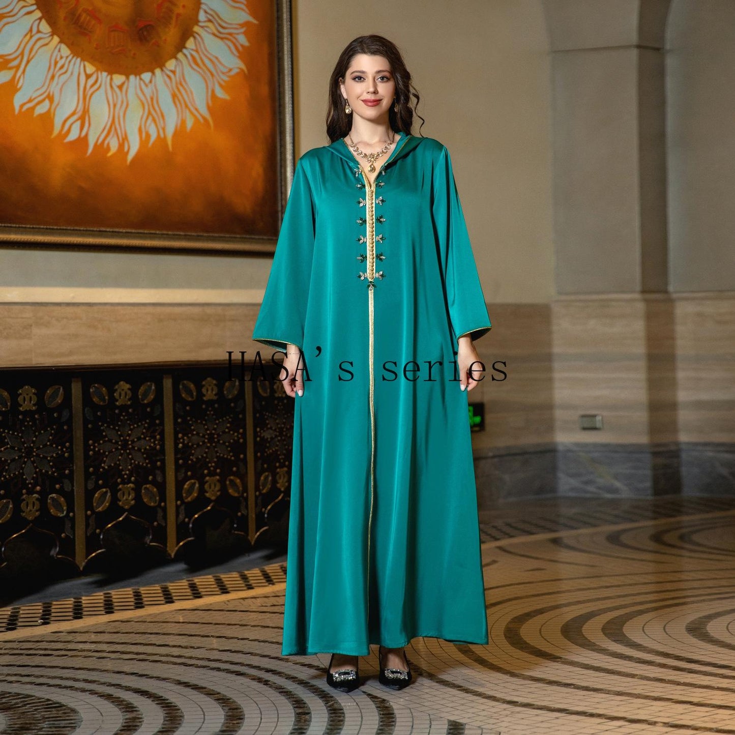 LMSA's Series  LM1231 Jeweled Ribbon Satin Home Dress Abaya