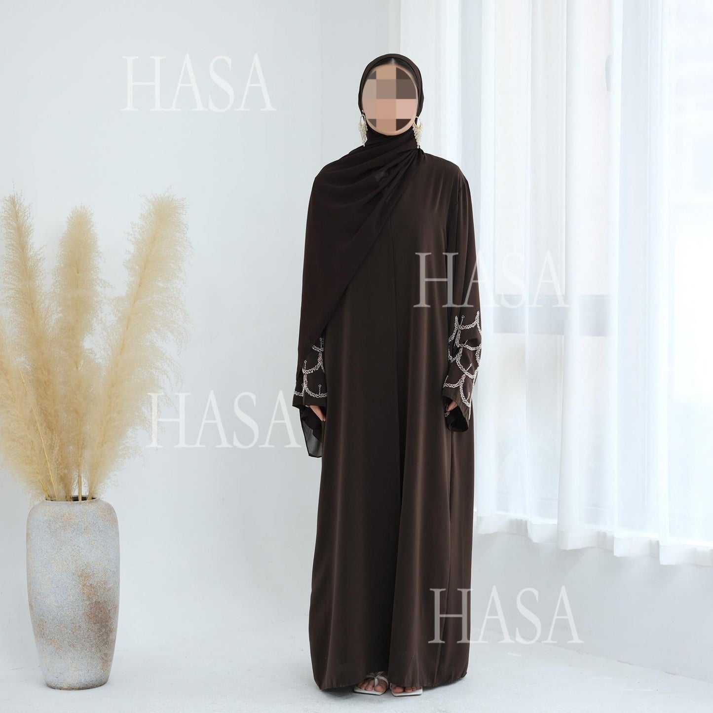 LM6608 Solid Color LMnd-beaded Long Cardigan (headscarf Not Included)