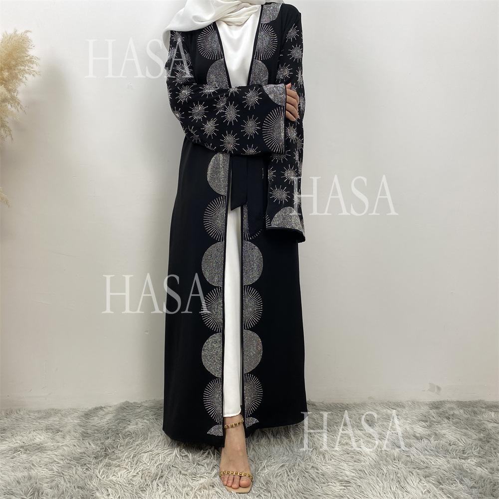 LM6588 Black Cardigan Dress with Rhinestone Embellishment and Pockets