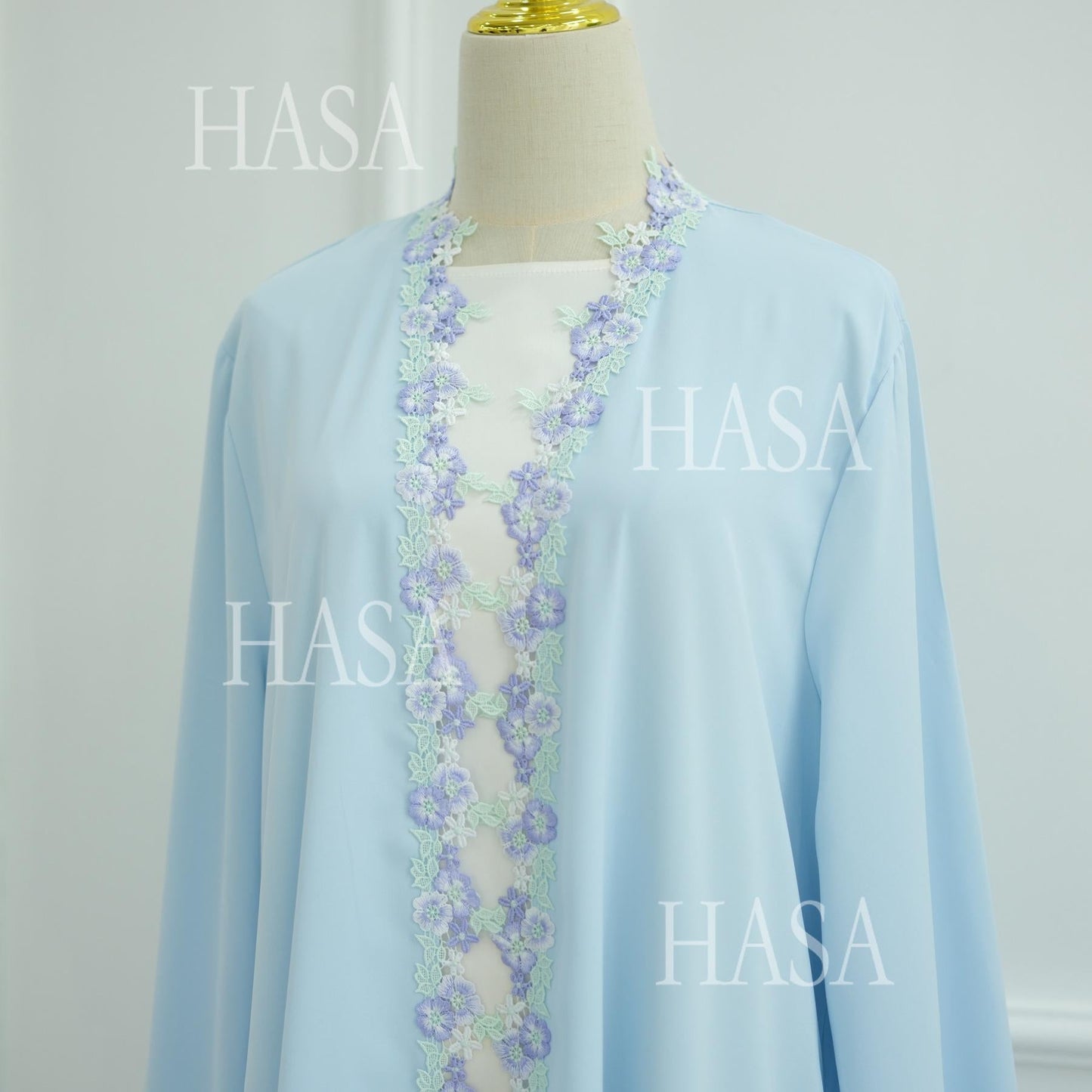 HA6562 Blue Bow Embroidered Abaya Tunic Cardigan