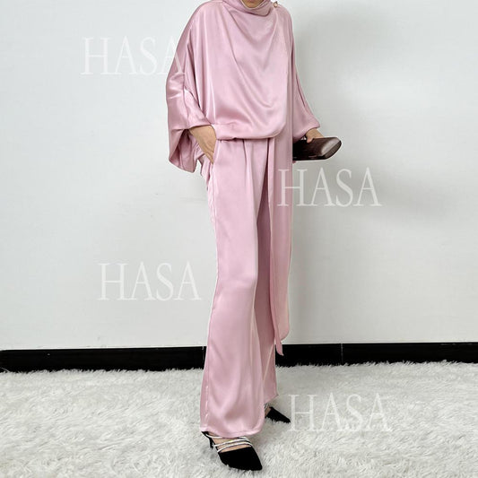 LUMAYA5857 High-end Bright Satin Two-piece Suit (headscarf Not Included), Irregular Design Shows Fashionable Style