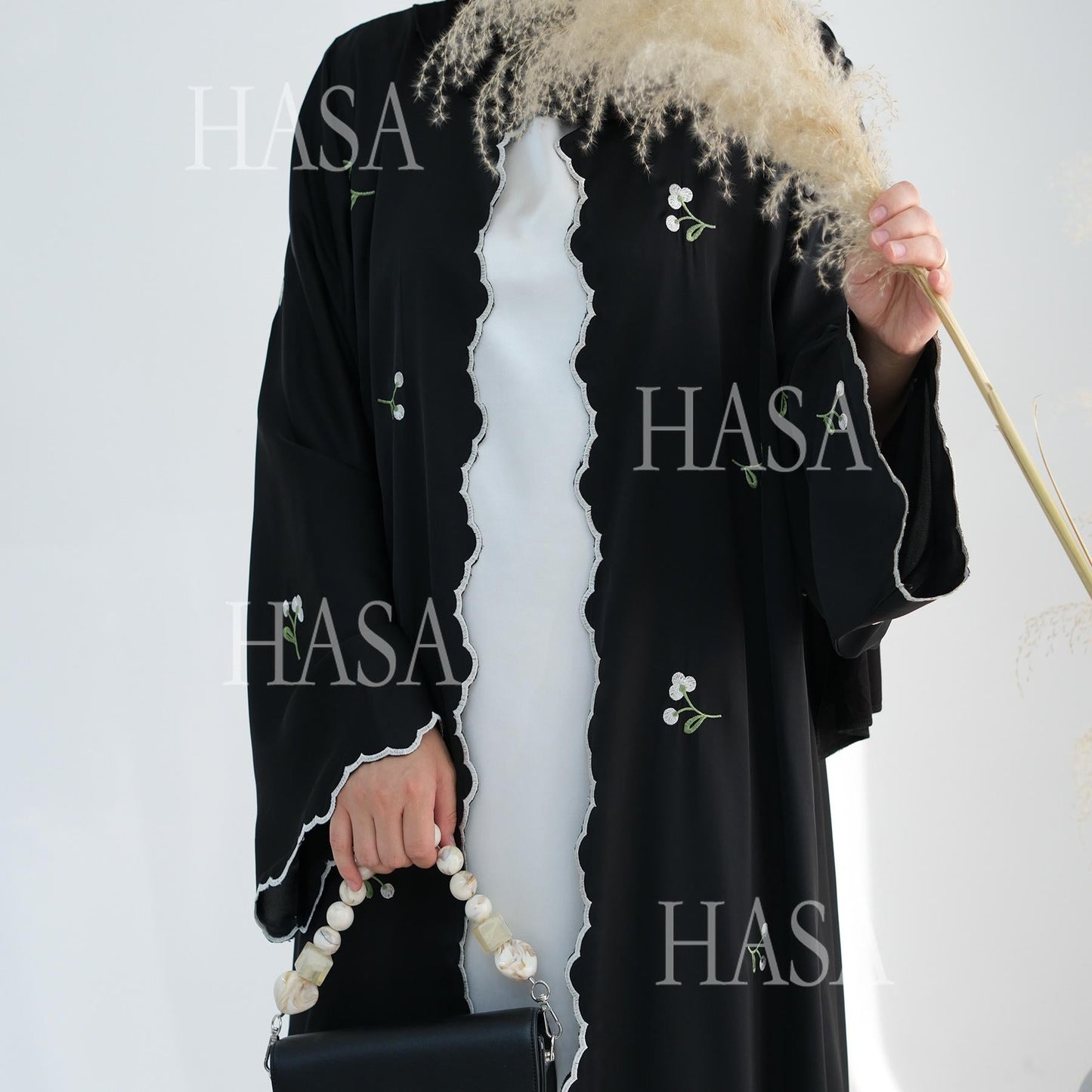 LUMAYA6472 Longline Cardigan with Delicate Floral Details and Curved Edging