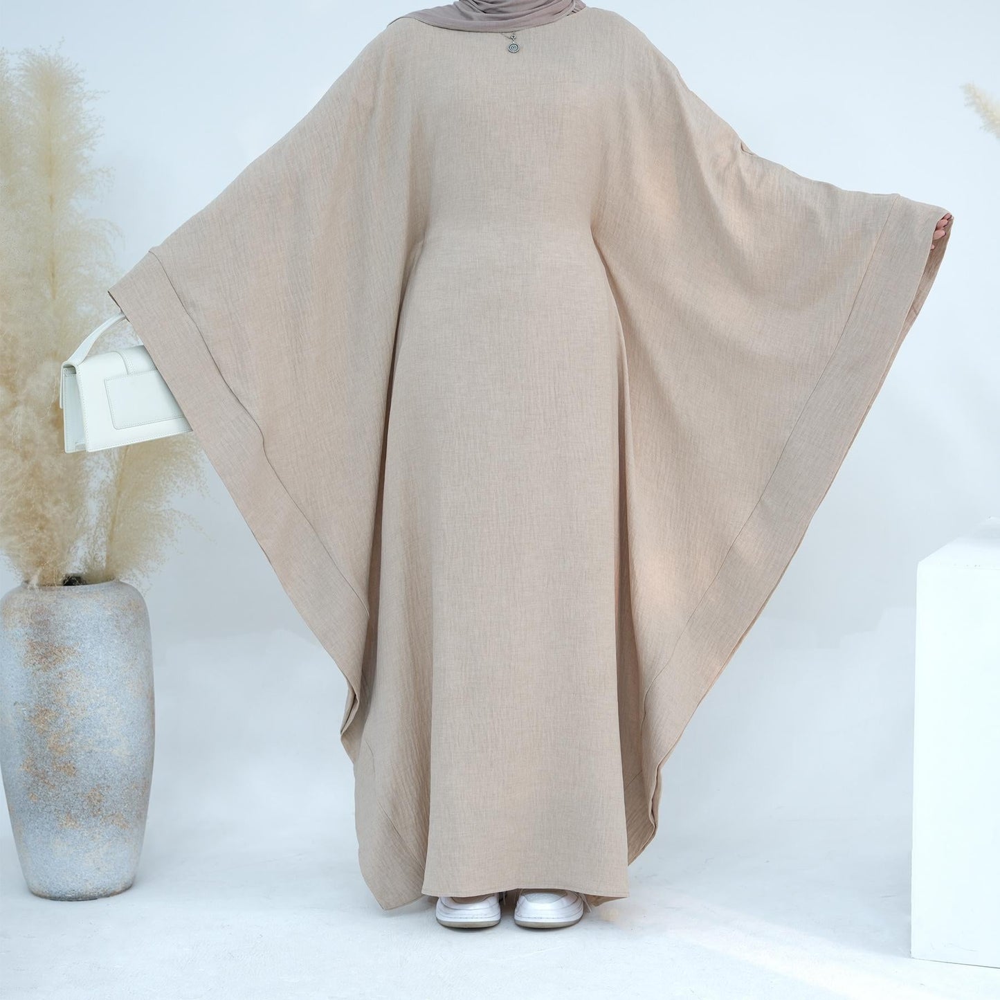LUMAYA LM1177 Waist Raging Bat Sleeves Dress Crepe Kaftan with Built-in Belt