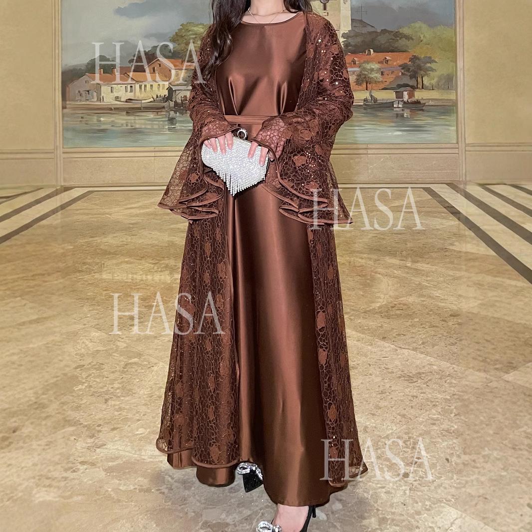 LUMAYA6488 Two-piece long dress with flared sleeves and lace sequined cape