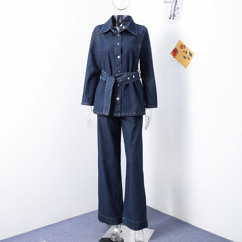 LM5890 Completo in Denim Lavato Primaverile Per Donne Con Cintura, Giacca Monopetto A Maniche Lunghe E Pantaloni A Vita Alta